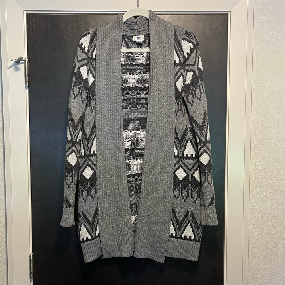 Longline pattern cardigan with shawl neck